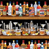 bottles glasses mixers of alcohol in rows on a wooden shelf in colours of brown blue red gold black red white black lemons limes olives swizzle sticks on a black background