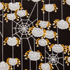 spiders oddly shaped like squishy sponges with multiple eyes yellow orange legs in a white web on black background fabric  6744B