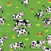 Animated Cow colouring Black White, Green, Yellow, Blue Feathers, House, Green pasture yellow red flowers