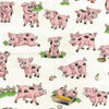 Pigs playing in a field of white with tufts of green grass eating from a trough seeking red apples - 80500.104