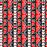 Traditional Maori Indigenous New Zealand Story telling using Red black white geometric vertical stipe print diamonds arrows triangles chevron zig zag curl 80890.102 PORAKA STRIPE