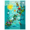 picture of New Zealand with all the native flora fauna and wildlife at various points on the map in colours of yellow orange green black green red white aqua green Nutex 81000.100 