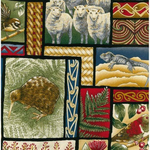 Indigenous Native New Zealand animals flora fauna on a background of Maori etchings Kiwi Sheep Tuatara Fantail Woo Pigeon in reds browns creams white black blue grey 86390.101