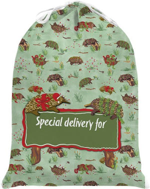 Echidna Santa Sack on background of pale green with christmas decorations draped over the Echidna's 1009AA1