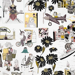 Black and white cartoon style ghastlie scenes pastel highlights white background train station entrance 1800s couture bicycle car suitcases hat boxes lamp men women child aeroplane train large black and yellow flowers bird ship houses yacht accommodation travel 8966A
