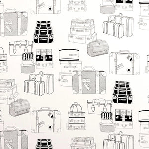 Line drawing black and white older style suitcases hat boxes overnight bags leather strap handle travel cases on white background 8968A