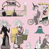 Black and white cartoon style scenes pastel highlights blush pink background train station entrance 1800s couture bicycle car suitcases hat boxes lamp men women child aeroplane train flower bird ship houses yacht accommodation travel 8966C