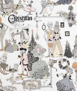 Black and white ghastlie Christmas scene pastel highlights in clothes child rocking horse crown man woman child witches hat cat wreath Christmas tree 1800’s couture presents haunted house 8963A