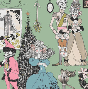 Black and white ghastlie Christmas scene pastel highlights sage green background child rocking horse crown man woman child witches hat cat wreath Christmas tree 1800’s couture presents haunted house holly 8963D