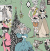 Black and white ghastlie Christmas scene pastel highlights sage green background child rocking horse crown man woman child witches hat cat wreath Christmas tree 1800’s couture presents haunted house holly 8963D