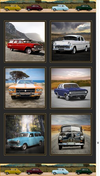 Holdens - Red EH Wagon, White FB Sedan, Blue FC Wagon, Orange HQ Front end, Blue HR Sedan, Black FJ Sedan in framed singular portraits with FJ stripe top and bottom Panel 1044A 