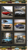 Picture tile panel realistic images vintage Holden cars outdoor settings blue white mustard stripe red green deep blue sunset trees road 1044Q