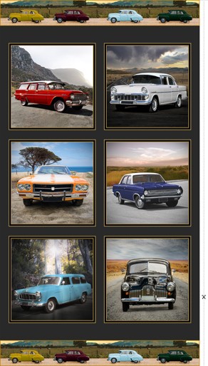 Picture tile panel realistic images vintage Holden cars outdoor settings blue white mustard stripe red green deep blue sunset trees road 1044Q