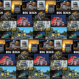 Snapshots of Australian red, green, grey, Big rigs, trucks, Semi trailers, prime movers, scenes of Australia showing sky, sunsets, rivers with capital lettering BIG RIGS amongst the pictures – 8024.38 