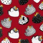 Chickens Hens  black and white on a red background of cotton fabric animated style