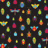 Animated bugs in colours of red blue orange purple yellow in rows on a black background of cotton fabric from Nutex