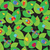 Animated bugs in colours of red blue orange purple yellow scattered over green leaves on a black background of cotton fabric from Nutex
