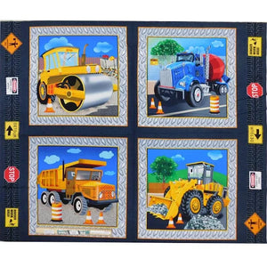 fabric with a yellow road roller blue red cement mixer truck orange dump truck yellow dozer with bucket framed in grey checker plate looking pattern on charcoal background with safety signs 891P90