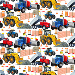 yellow loader truck blue red cement mixer red white tipper truck blue tractor on a white background surrounded with safety fencing bollards on a white background fabric 389-1
