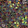 Picture depicts Dreamtime Corroboree from Indigenous Aboriginals Australia with colours of the Rainbow using spirals, dots, leaves, fruits and bug shapes to draw the picture - Whispers of the Valley Fabric