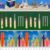 Aussie Sports symbols beer, thongs, sand, hats, cricket bats and balls, surfboards on a background stripe of beaches, grass and blue sky's 