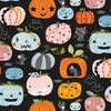 Pumpkins with scary faces themed for Halloween coloured orange pink blue black white on a background of black scattered with bats mice spiders cats D2186 