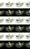 Black and white stripe fabric featuring blue yellow orange green Lorikeets perched on Banksia branch of green and lemon coloured flower DV3722