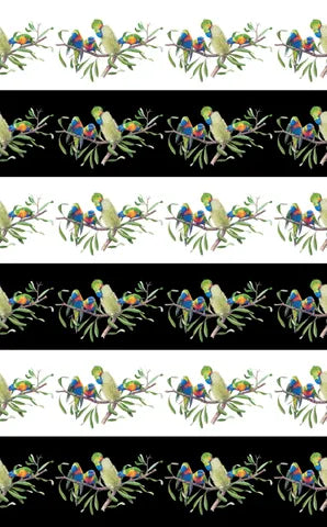 Black and white stripe fabric featuring blue yellow orange green Lorikeets perched on Banksia branch of green and lemon coloured flower DV3722