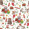 Australian Christmas fabric with baby Australian brown Kangaroo joey in a red Christmas stocking, grey Koala sitting in a gift- wrapped box, spiky Echidna wearing a red Christmas hat, Kookaburra bird in tree with green, red and yellow baubles and cuddly wombat opening a cracker - DV5000