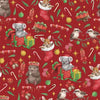 Australian Christmas fabric with baby Australian brown Kangaroo joey in a red Christmas stocking, grey Koala sitting in a gift -wrapped box, spiky Echidna wearing a red Christmas hat, Kookaburra bird in tree with green, red and yellow baubles and cuddly wombat opening a cracker - DV5002