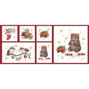 Fabric panel with  baby Australian brown Kangaroo joey in a red Christmas stocking, grey Koala sitting in a gift wrapped box, spiky Echidna wearing a red Christmas hat, Kookaburra bird in tree with green, red and yellow baubles and cuddly wombat opening a cracker - DV5008