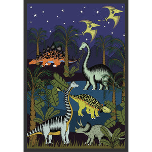 Dinosaurs Stegosaurus Brachiosaurus Brontosaurs Stegosaurs Ankilosaurus Pterodactyl in a night scene with stars palm trees mountains in shades of blue and grey