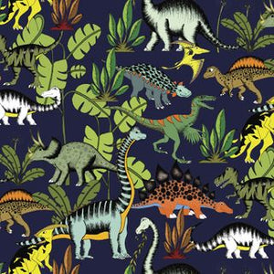 Indigenous Dinosaurs Stegosaurus, Triceratops, Tyrannosaurus Rex, Brontosaurus, Parasaurolophus, Spinosaurus on a Navy background scattered DV5013