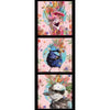 Australian native flowers of red bottlebrush, bluebells, pink banksia, and green gum leaves on a cotton panel with frames of brown hen, Blue Wren and Kookaburra bird with pale pink background  DV5272 