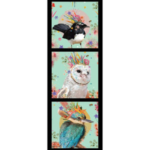 Australian native flowers of red bottlebrush, bluebells, pink banksia, and green gum leaves cotton panel with Native birds of black and white Willy Wagtail, white Owl, blue green Kingfisher on a mint green background - DV5273