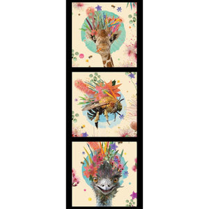 Australian native flowers of red bottlebrush, bluebells, pink banksia, and green gum leaves on a cotton panel three frames of a brown and white giraffe head on a mint green circle, bee on a blue circle and black emu head on a blue circle - DV5274