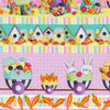Easter themed fabric in stripes of Eggs, Bunny, Chcikens, Bird Houses Carrots Flowers in colours of Mint green black red yellow green orange white pink 2577-22