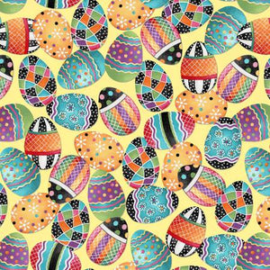 Easter Eggs designed with stripes, polkadots, flowers, geometric shapes, stripes in colours of pink, green, orange, purple, blue, red, white, black 2570-44