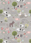 Animated farm animals on grey background with a tractor, pigs, donkey, sheep, chicken, rooster arranged around a farm cottage or shed, with trees, flowers, grass and greenery LEA531.002