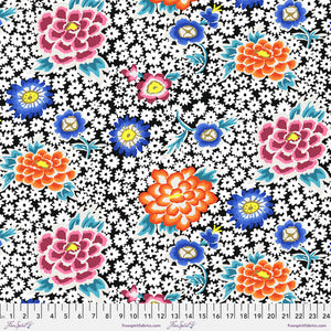 Featuring Vibrant fluorescent colours of pink, rust, brown, green, aqua, purple on a black base with tiny white daisy shape flowers of white and bursts of larger flowers - Feb 2022 Kaffe Fassett Collective - PWGP186.CONTRAST