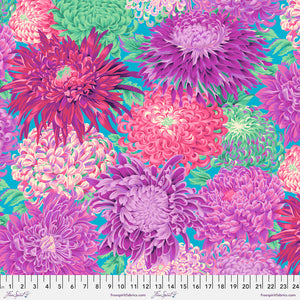 Featuring Chrysanthemum flowers Vibrant fluorescent colours of pink, red, purple, grey, white on an Aqua base - Feb 2022 Kaffe Fassett Collective -PWPJ041.MAGENTA