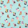 ladies floating on pink white unicorns black pink white swans clothed in swimmers of blue green black on an aqua green background 8928C