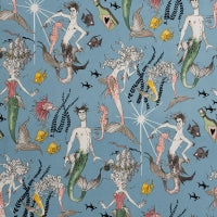 Merman & Mermaid, fish in colour Blue grey, pink , yellow - Whispers of the Valley Fabric