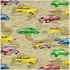 Holden  depicted vehicles in yellow, red, green and blue on a background of road maps in cream toning