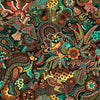 Gondwana Australian Native Indigenous Dot Painting Kangaroo, Koala, Lizard, Bird, Boomerang coloring Yellow, Green, Teal, Red, Brown on a background of Green, Brown Cream and Yellow - Whispers of the Valley Fabric