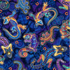 Gondwana Australian Native Indigenous Dot Painting Ochre, Green, Teal Red coloured Lizards on background of Blue, Purple, Cream and Black  Whispers of the Valley Fabric