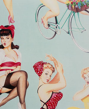 Ladies in Red, Yellow, Pink and Polka dots 8571C Mint colour background riding bikes wearing scarves