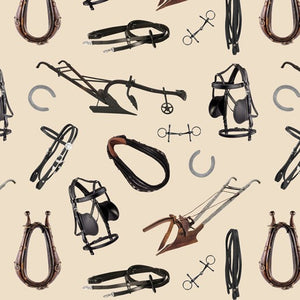Horse Tack Hoe, Bridle, Bit,  Harness,  Horse Shoe, Foot Pick, coloured in black, brown and silver on a cream background 1042G