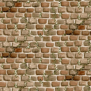 house bricks printed on fabric in autumn brown tonings  with a green vine growing randomly through Little Ones 445-83
