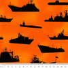 Navy Ships and Submarines silhouetted against an orange yellow sunset fabric 1088M